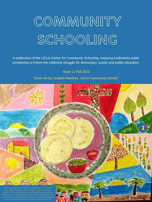 Community Schooling - research journal cover art -tortillas,salas on plate with background images. of trees, water, 