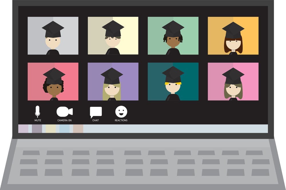 Illustration of virtual school graduation on laptop