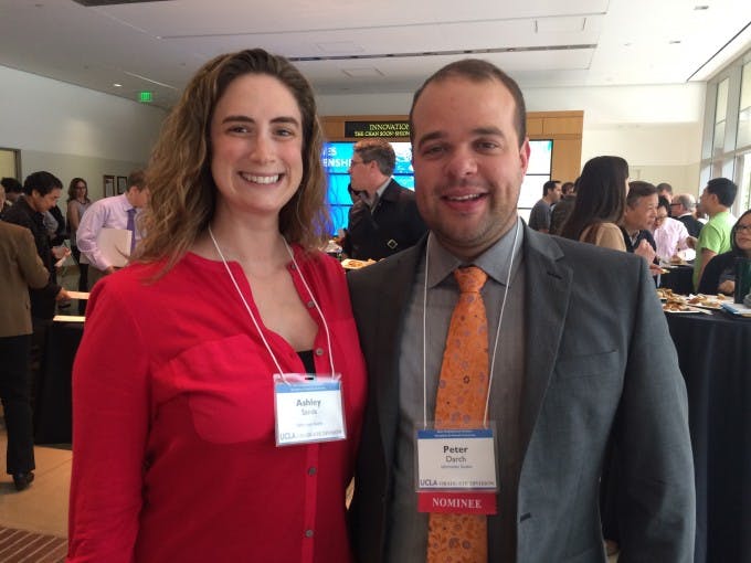 Peter Darch was honored this spring with a nomination for the Chancellor's Award for Postdoctoral Research this spring. Pictured with Ashley Sands, a graduate student researcher and colleague on UCLA's Knowledge Infrastructures team, at the awards ceremony held at the California NanoSystems Institute at UCLA. Courtesy of Ashley Sands