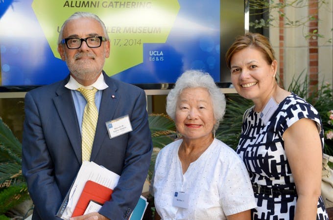 Nan Shen Yoshida ('59, Education, at center) with Norma Silva, UCLA Lab School principal, and  Marcelo Suárez-Orozco, UCLA Ed &amp; IS dean. Photo by Todd Cheney, UCLA 