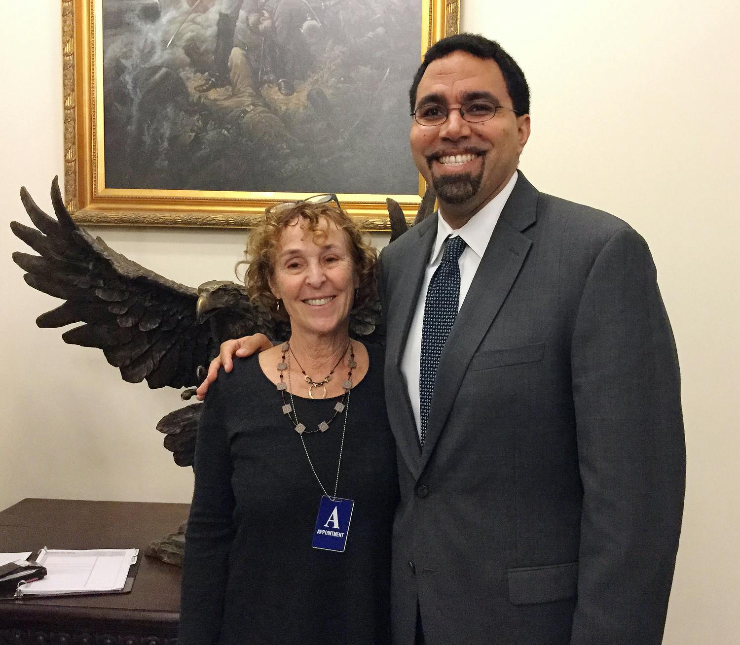 Jane Margolis celebrated her honor as a &quot;Champion of Change&quot; at the White House with John B. King, Jr., Acting U.S. Secretary of Education. Photo by Brittny McCarthy