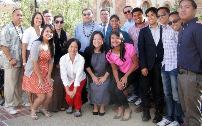 In 2013, Professor Nakanishi spoke to doctoral and master's students from  UCLA’s divisions of Higher Education Organizational Change (HEOC) and Social Science and Comparative Education (SSCE).  Front row, L-R: Elaine Tamargo, MSA student; Xue Hie, SSCE; Jenny Jong-Hwa Lee, MSA student; Bach Mai Dolly Nguyen, SSCE; Michael Ishimoto, SSCE; Jason Chan, HEOC; Mike Hoa Nguyen, HEOC; and Edward Curammeng, SSCE. Back row L-R: Keali’i Troy Lau, HEOC; M. Kalehua Mueller, HEOC; Joe Ramirez, HEOC; Marcia Fuentes, HEOC; Dr. Nakanishi, Dr. Robert Teranishi, professor of education and co-director, Institute for Immigration, Globalization, and Education; Erin Manalo, MPH student; Reuben De Leon, HEOC; and Nestor Espinoza, HEOC. Courtesy of Robert Teranishi and Edward Curammeng 