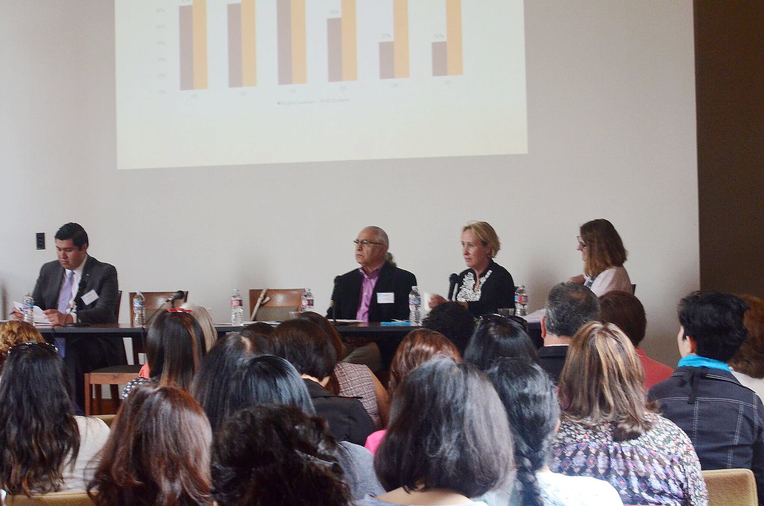 L-R: Dorian Almaraz, legislative aide, Office of California State Senator Tony Mendoza; Amado Padilla, professor of education, Stanford Graduate School of Education; Susan Jain, executive director, UCLA Confucius Institute; and Professor Alison Bailey, UCLA Ed &amp; IS. 