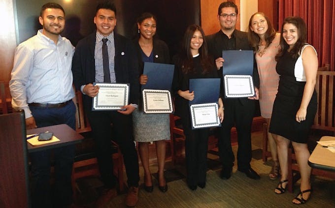 UCLA Ed doctoral candidates and their undergraduate mentees celebrate the completion of the UndocuScholars Summer Research Institute in Moore Hall on Sept. 10. L-R: Edwin Hernandez, Oscar G. Rodriguez Texis {'15, B.A., Gender Studies &amp; Spanish), Zyshia Williams ('14, B.A., International Development Studies/Accounting), Maria Nava Gutierrez, Erick N. Samayoa ('15, B.A., Sociology/Chicano &amp; Chicana Studies); Cynthia Alcantar, and Dalal Katsiaficas Courtesy of Edwin Hernandez