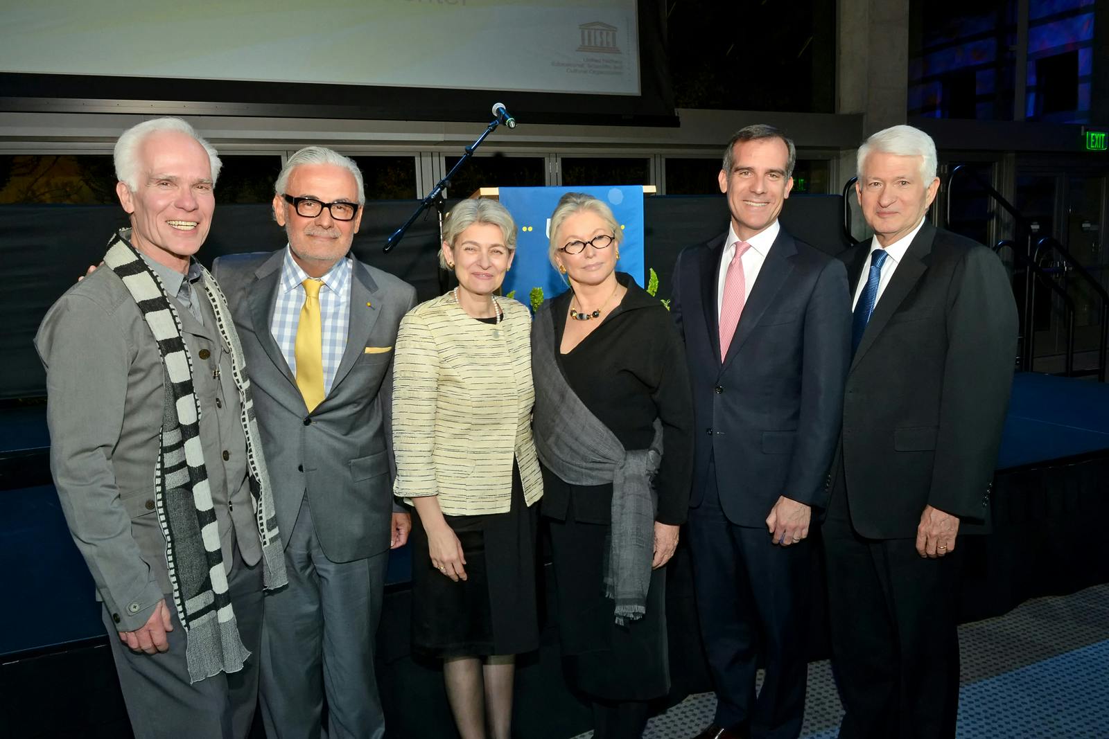 Los Angeles Mayor Eric Garcetti (second from right) is an alumnus of UCLA Lab School. L-R: Gil Garcetti, Wasserman Dean Marcelo Suárez-Orozco, UNESCO Director-General Irina Bokova, Courtney Sale Ross, Mayor Garcetti, and UCLA Chancellor Gene Block