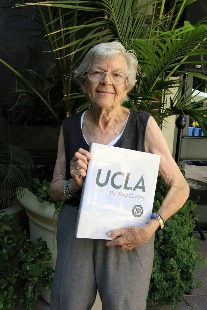 Dorothy Greathead Tyson ('49), one of the earliest UCLA School of Education graduates, won a copy of the commemorative book, &quot;UCLA: The First Century.&quot; Photo by Todd Cheney, UCLA