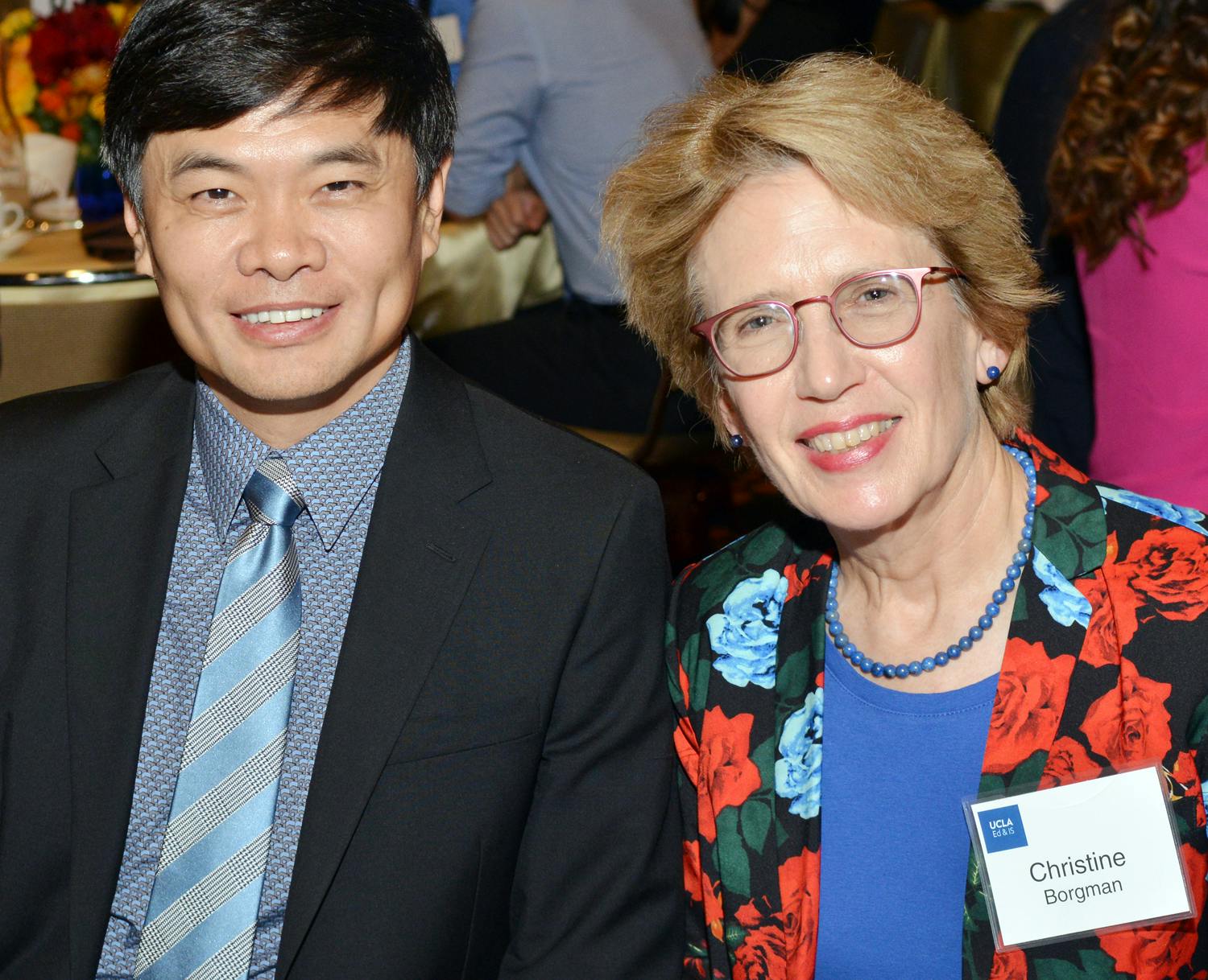 IS alumni James Ding and Professor Christine Borgman celebrated his recognition with the Dean's Scholars Award. Photo by Marcelo Suárez-Orozco