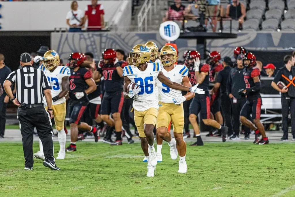 Alex Johnson (36) celebrates an interception during a game against San Diego State in 2023.