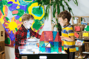 Students creating with building blocks